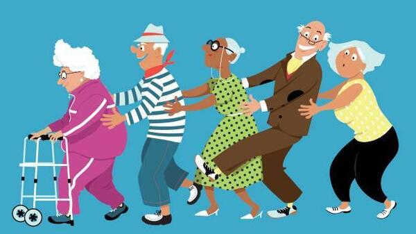 Bild vergr&ouml;&szlig;ern: Diverse group of active senior people dancing a conga line, EPS 8 vector illustration, no transparencies